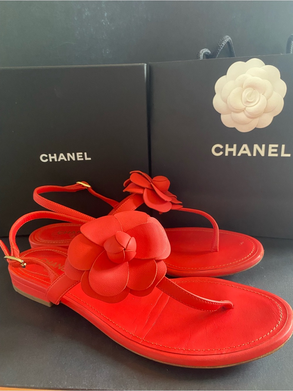 CHANEL Orange Camellia Leather Thong Sandals